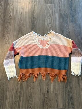 Boutique Color block Distressed Fringe Knit Sweater